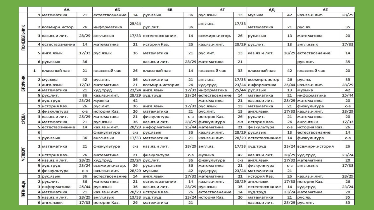 Расписание уроков 6 класса