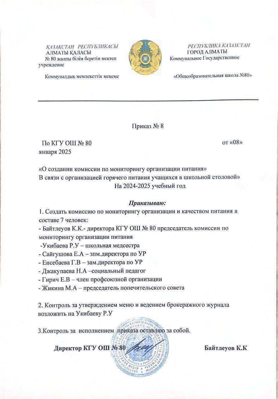 Приказ о деятельности бракеражной комиссии по мониторингу